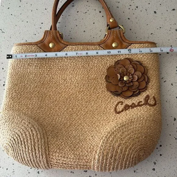 Coach Bleecker Natural Straw Tan Tote Handbag with Leather Accents Boho Vacation - Picture 7 of 16